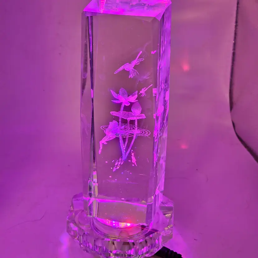 Lazer cut glass cube with frogs Dragonfly fish and lily pads