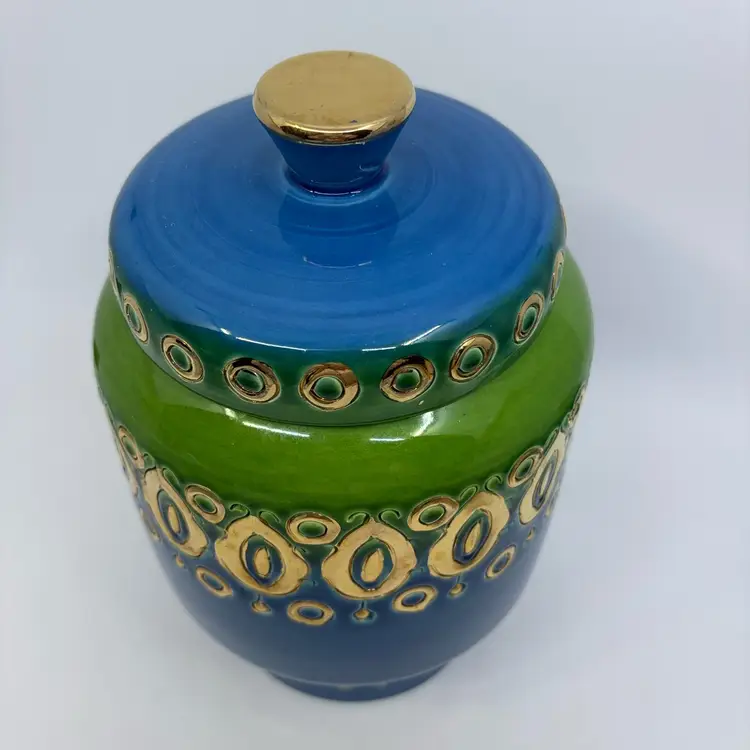 Mid Century Rosenthal Netter Bitossi Blue Green Jar with Lid Made In Italy 9.5" Read