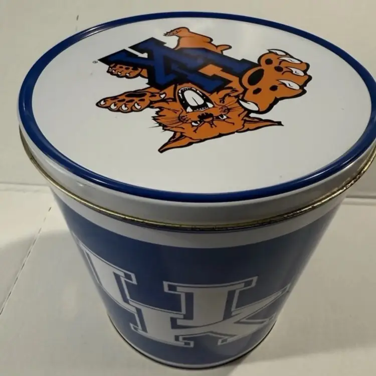Vintage University Of Kentucky Wildcats Old Popcorn Tin Trash Can Man Cave Rare