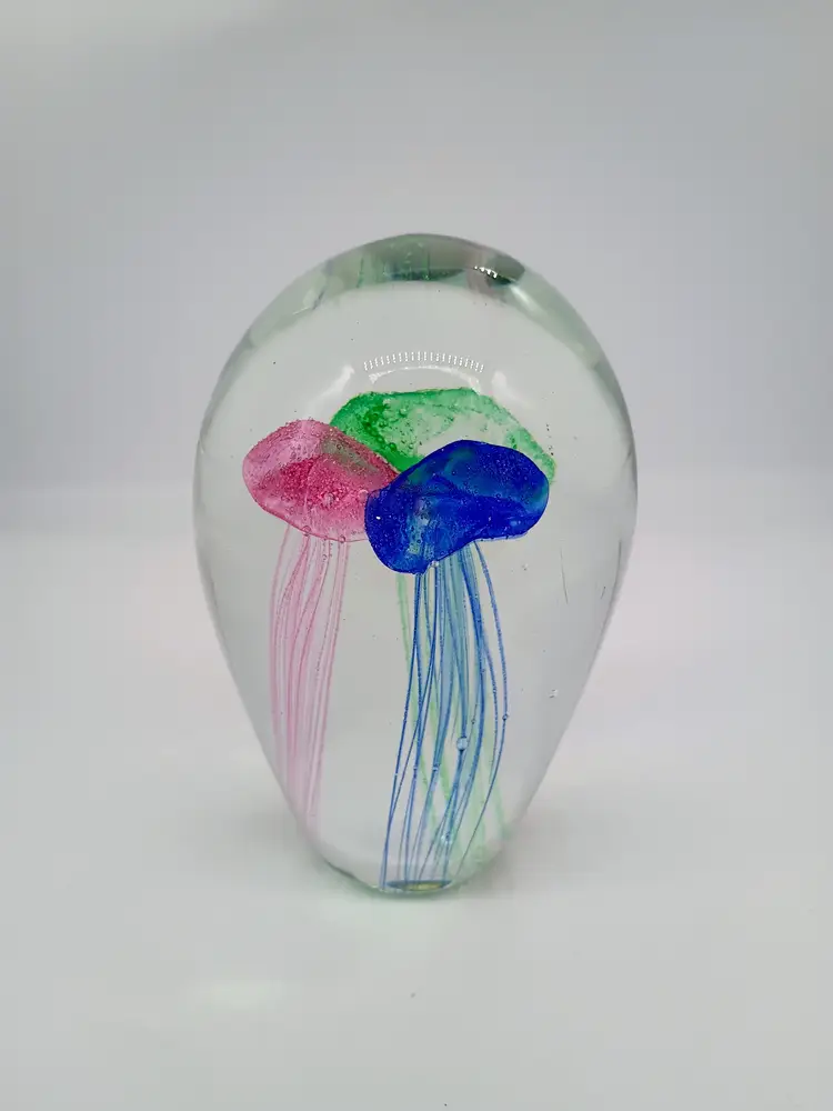 Art Glass Triple Jellyfish Paperweight  Pink ,Green and Cobalt Blue.