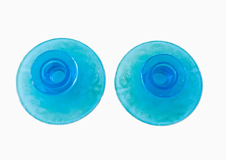 Pair of Vintage Deep Blue Etched Floral Glass Candle Holders 4"x1"