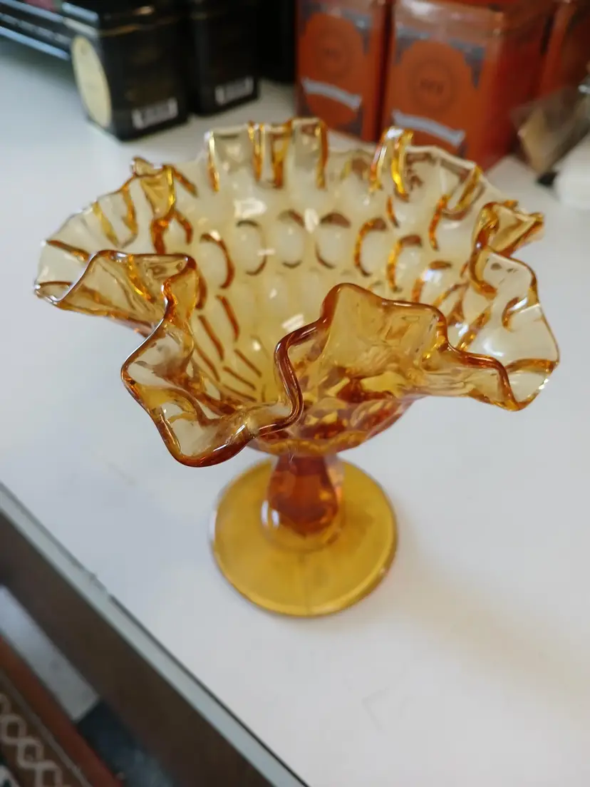 Fenton Amber thumbprint Ruffle Edge Compote
