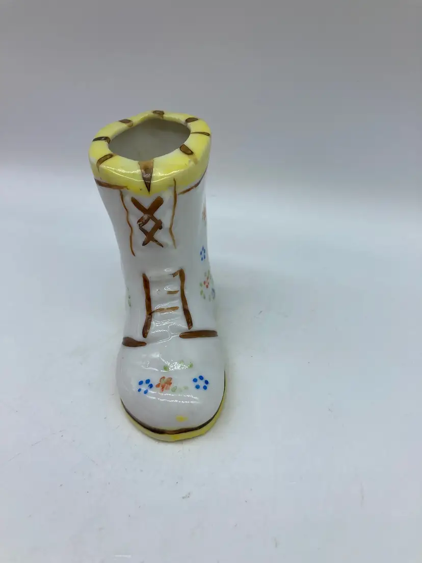 Occupied Japan White & Yellow Miniature Boot Figurine Hand Painted Vintage
