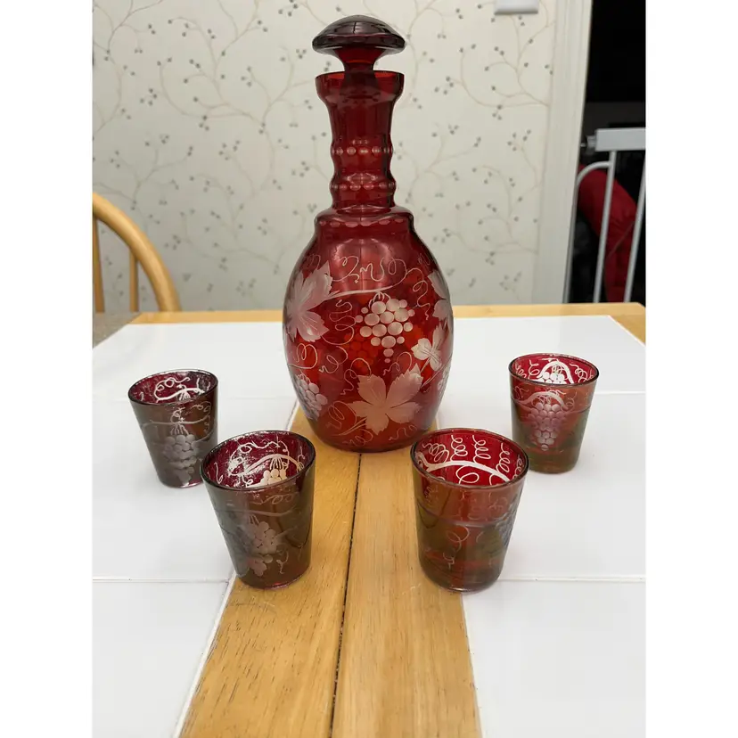 1950s Bohemian Ruby Red etched grapes w/ leaves/vines Damask Decanter w/ 4 sm glasses