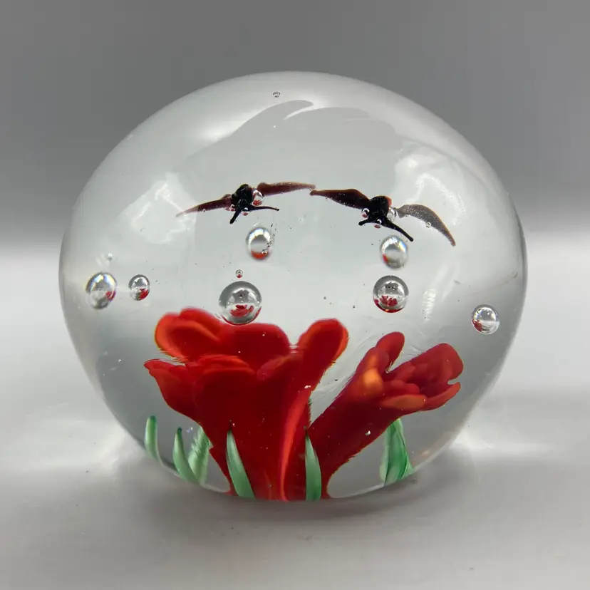 Glass Orb Paperweight 3.25” Round Red Flowers & Black Birds