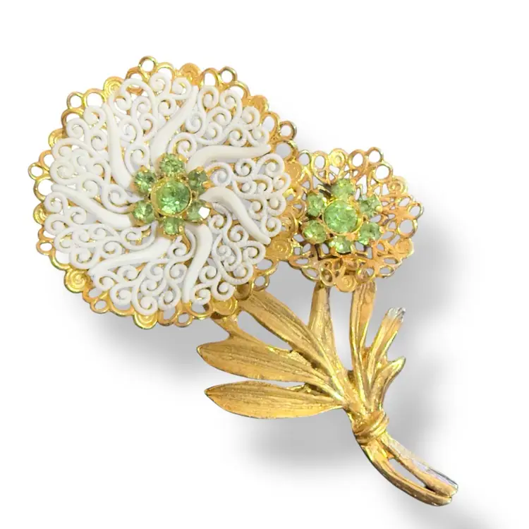 White Enamel Filagree & Uranium Glass Rhinestones Vintage Brooch