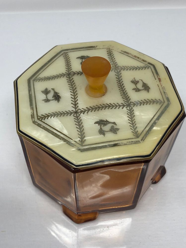 Amber Glass Footed Dresser Jar with Decorative Octagonal Lid