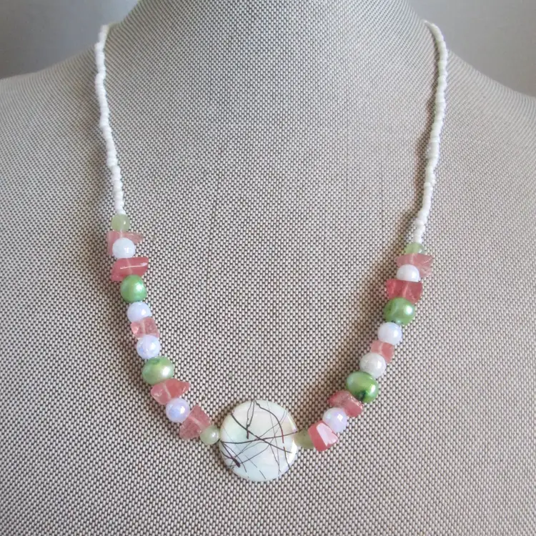 Vintage Upcycle Necklace with Real Pearls, Rose Quartz and Mother of Pearl
