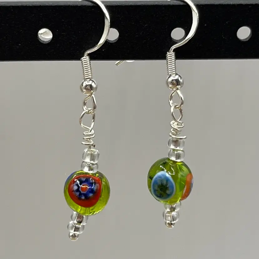 Vintage Murano Mini Millefiori Glass Bead Earrings .925 Hook