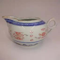 Vintage Jingdezhen Porcelain Creamer Rice Grain Eye White Blue Red 6"