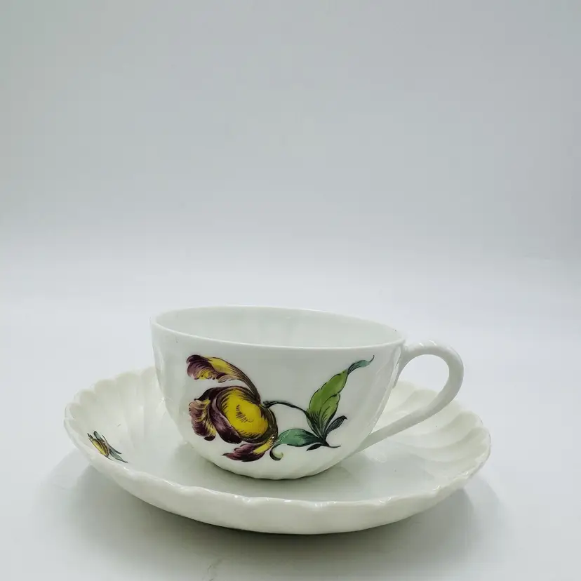 Nymphenburg Teacup & Saucer Porcelain Germany Welle Ribbed 1632 Floral Antique
