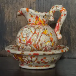 Splatterware Ewer/Pitcher and Bowl. Raised Rose, White, Red, Yellow, Orange. Signed HE