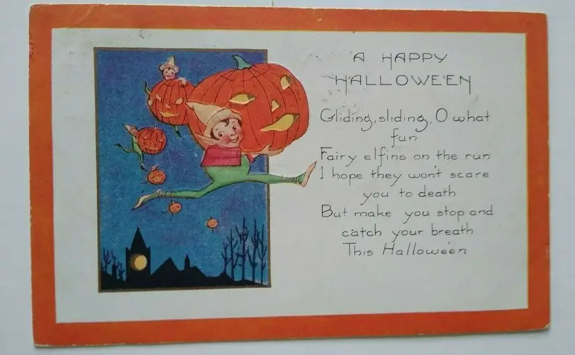 Halloween Postcard Whitney Running Fairy Gnome Elf Brownie 1923 Boston Fantasy