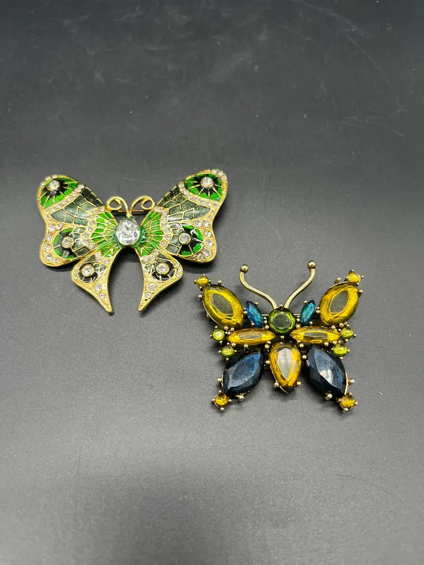 Vintage Gold-Toned, Blues and Green Butterfly Brooches - Likely Regency (Set of 2)