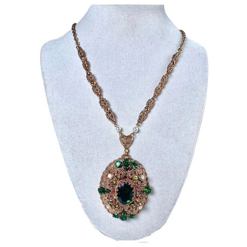 *VTG* WEST GERMANY Necklace, Green Rhinestone Faux Pearl Enamel Filagree, Ornate