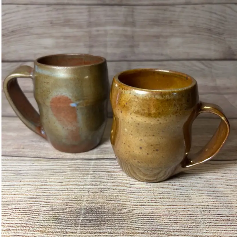Pair Hand Thrown Pottery Mugs Copper Metallic Glaze Irregular Rustic Signed 4”