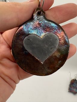 Made By Me - Raku Heart Ornament #16 Controlled Chaos Pottery 1.5”