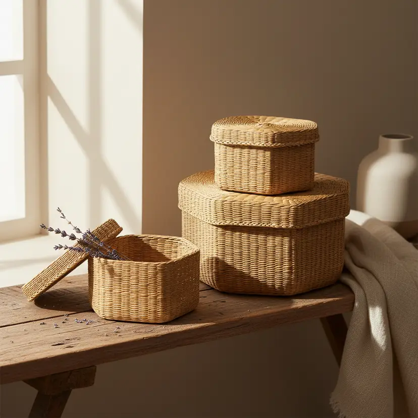 Set of 3 Woven Lidded Sweet Grass Baskets, 1960's, 6" Diameter, Stackable