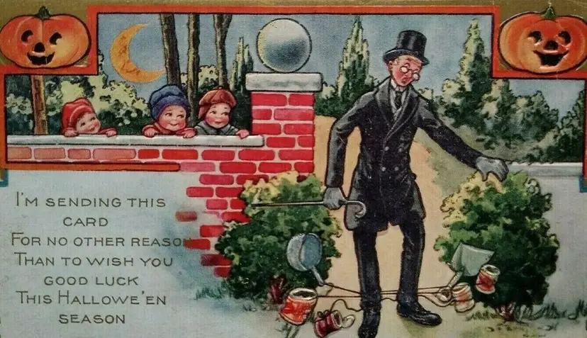 Halloween Postcard Whitney Kids Tripping Man 2 Pumpkins Pranks Original