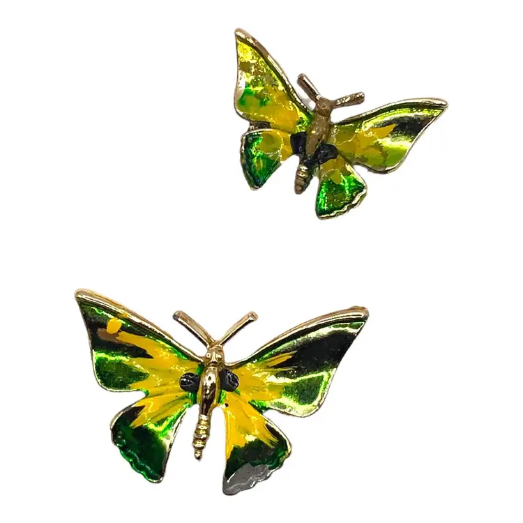 Set Of 2 VTG Iridescent Green Yellow Enamel Gold Tone Butterfly Brooch Lapel Pin