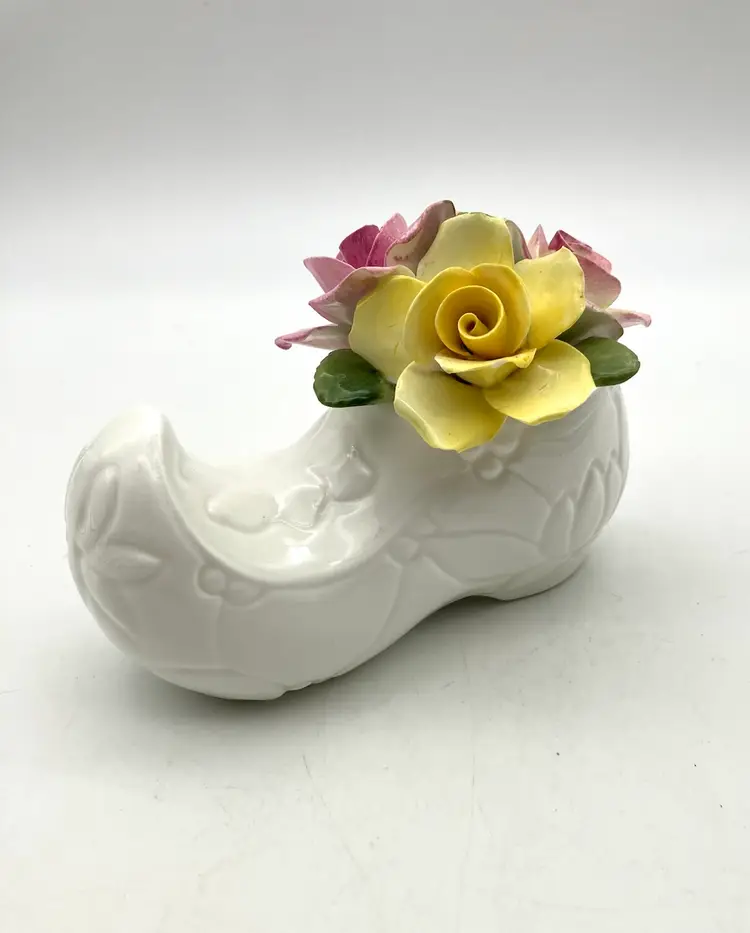 BIN - Vintage Bone China Shoe With Pink And Yellow Flowers - England