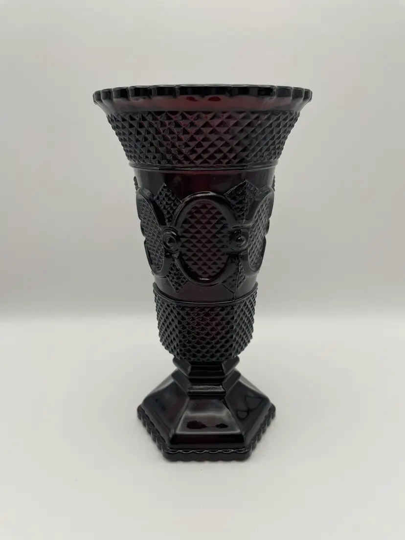 Avon, “Cape Cod”, Ruby Red Vase, 8" Tall, Vintage 1876 Pattern, Pressed Glass