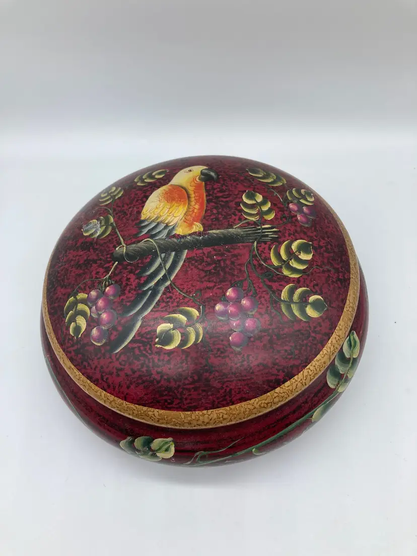 Vintage Parrot and Grapevine Red Burgundy Gold 7" Jewelry box