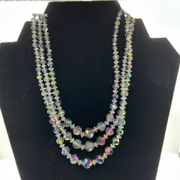 Vintage Laguna 3 Strand Sparkly Crystal Aurora Borealis Necklace Marked