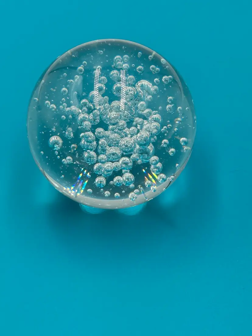 Clear Art Glass Controlled Bubble Paperweight Polished Bottom