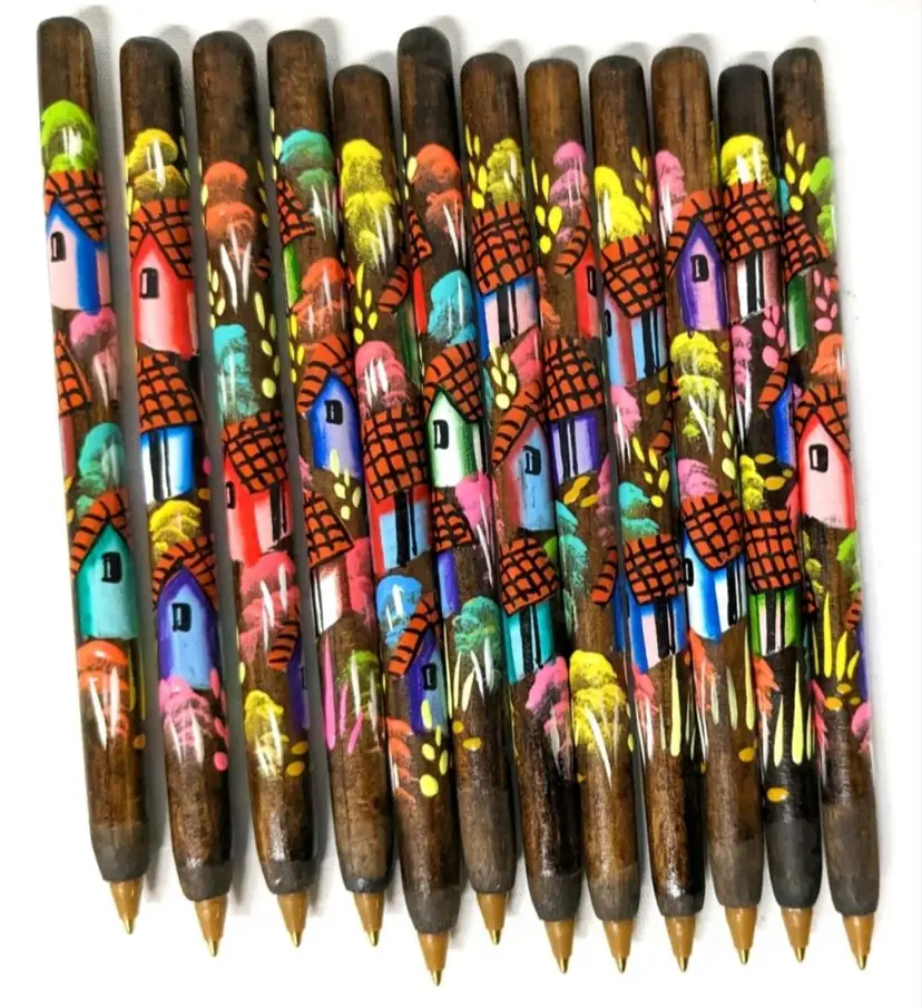 12 New Gorgeous and Brightly Coloured Handpainted Wooden Ballpoint Pens (Black & Blue Ink)