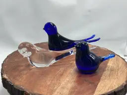 Vintage Glass Long Tail Cobalt Blue And Clear Lot Of 3 Bird Paperweight