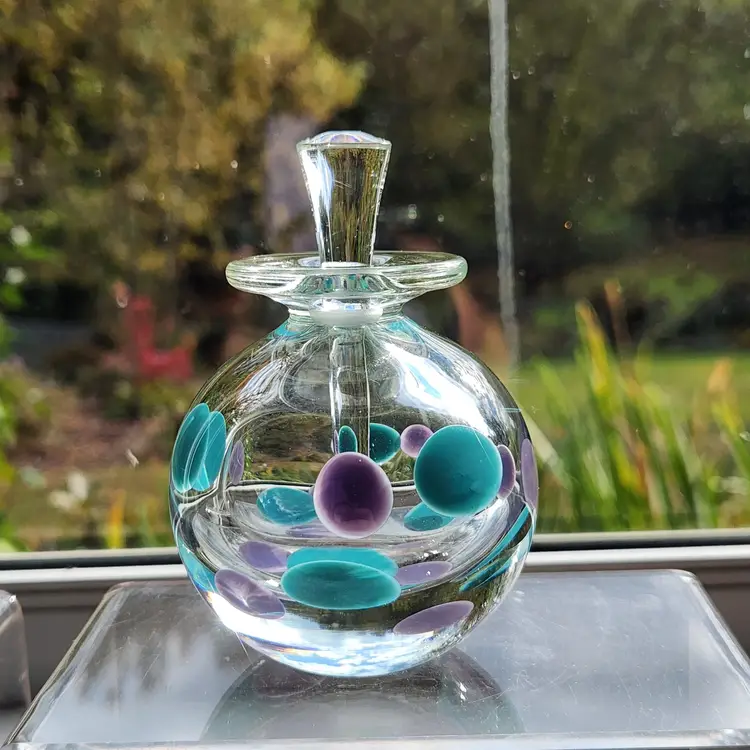 Art Glass Perfume Bottle w Purple Polka Dots by Kevin Rogers Studio Signed & Dated 2002 OOAK