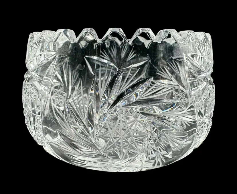 Vintage Crystal Glass Rose Bowl Blunt Saw Tooth Rim Pinwheel Star 3 x 4.25”