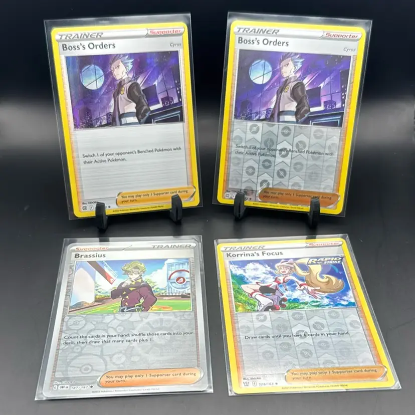 Pokemon Trainer Lot Boss’s Orders Holo And Reverse Holo, Brassica Pokeball Holo, Korrina’s Focus Reverse Holo