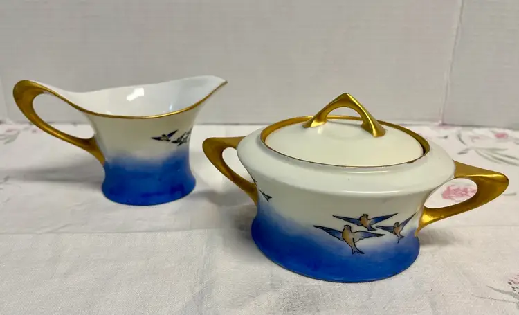 Hutschenreuther Selb Bavaria Art Deco Cream & Sugar Hand Painted Swallows Blue Ombré