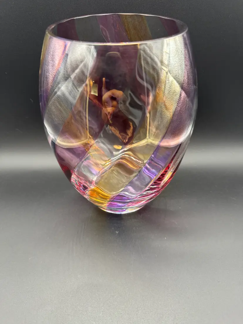 MCM Bohemian Glass Vase Swirl Striped Yellow Pink Purple