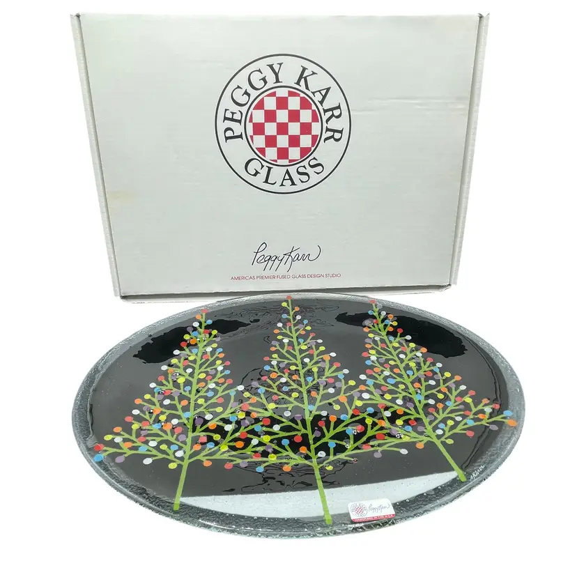 2006 Peggy Karr Tannenbaum Christmas Tree Fused Glass 18" Oval Platter Signed