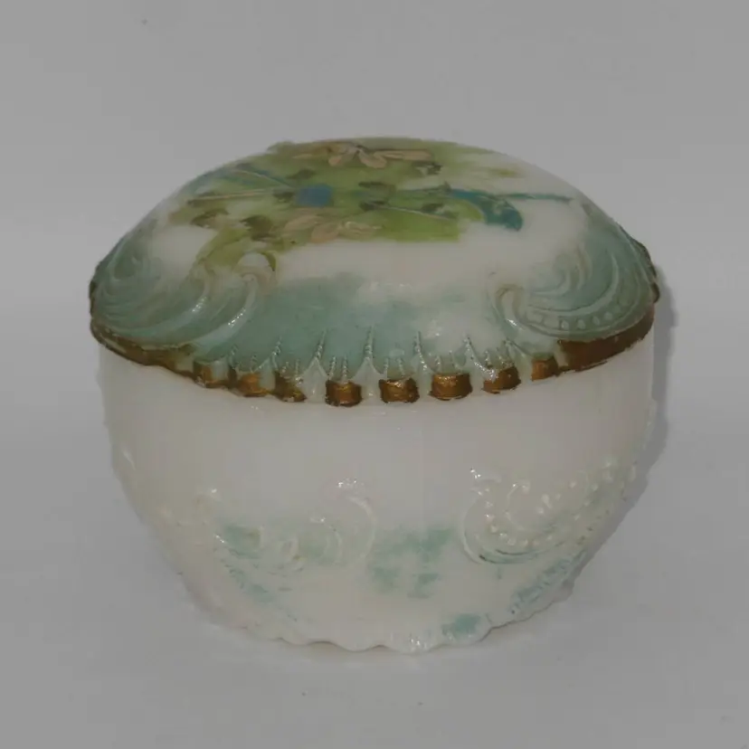RARE EAPG Milk Glass, Victorian Era, Hand Painted Covered Round Trinket Box
