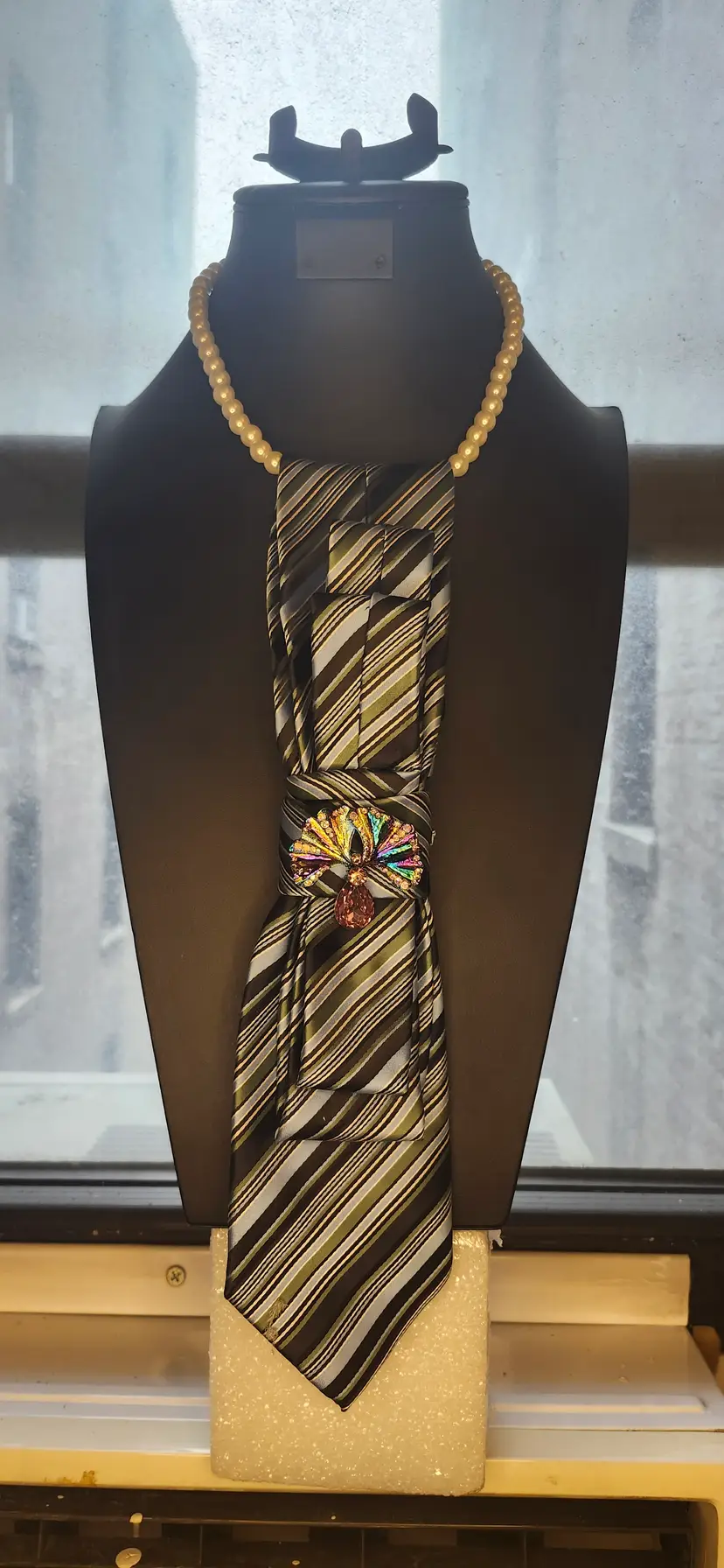Upcycled Vintage Striped Tie with Brooch & Pearl Necklace