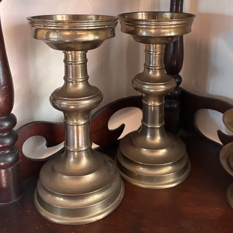Vintage Heavy Solid Brass Pillar Candlestick Pair