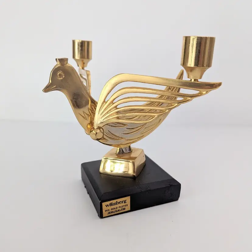 Wainberg 24K Gold Plated Jerusalem Dove Candle Holder Folding Wings Wood Base