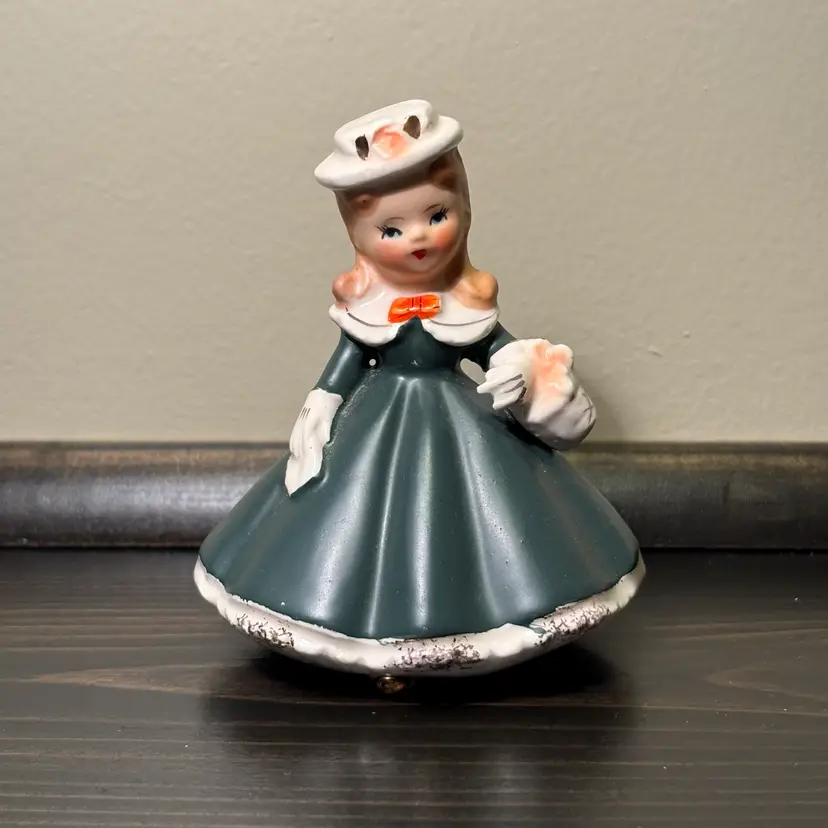 Vintage Porcelain Girl Figurine Green  Dress Gold Trim Flowers Basket 3.5"x3”