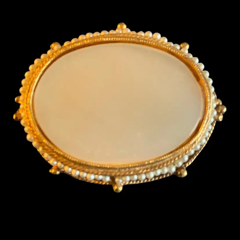 Gold Tone Mother of Pearl Brooch with seed pearls around the edge
