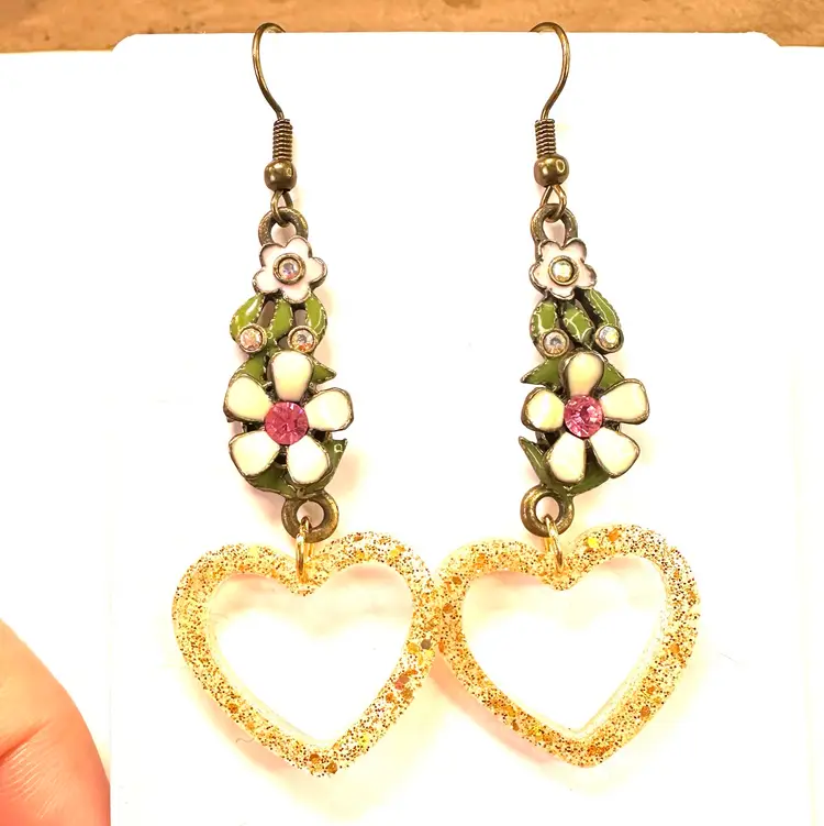 Floral Metal Resin Heart Gold Brass Tone Handmade Dangle Earrings 2.5” L Made By Me