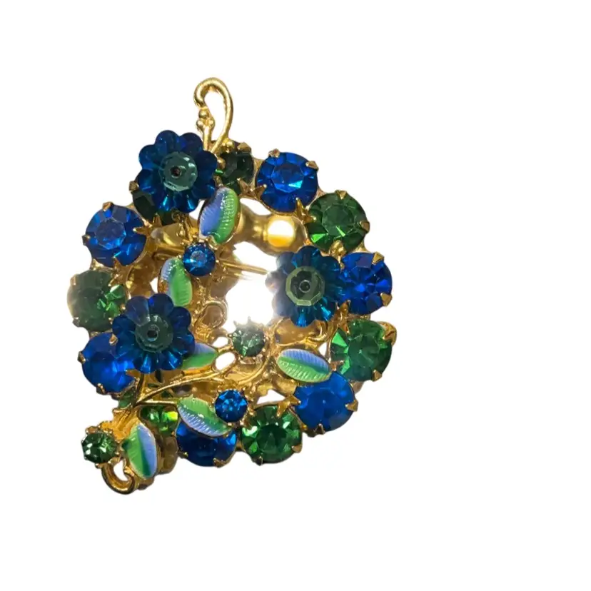 Floral Rivoli Rhinestones And Enamel Leaves Brooch