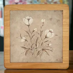 Vtg White Floral Ceramic Tile and Golden Wood Cutting Board Tray Server Trivet