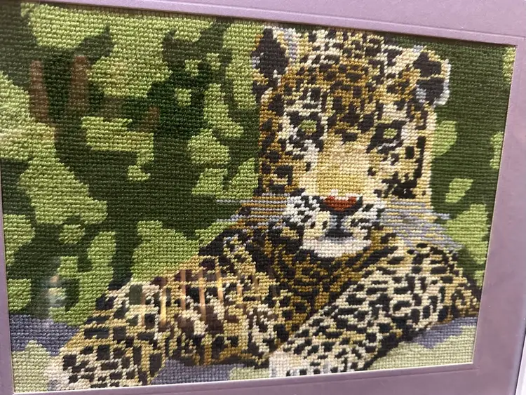 Vtg Framed Leopard Needlepoint Cheetah Cat Safari Wall Art Embroidery Decor
