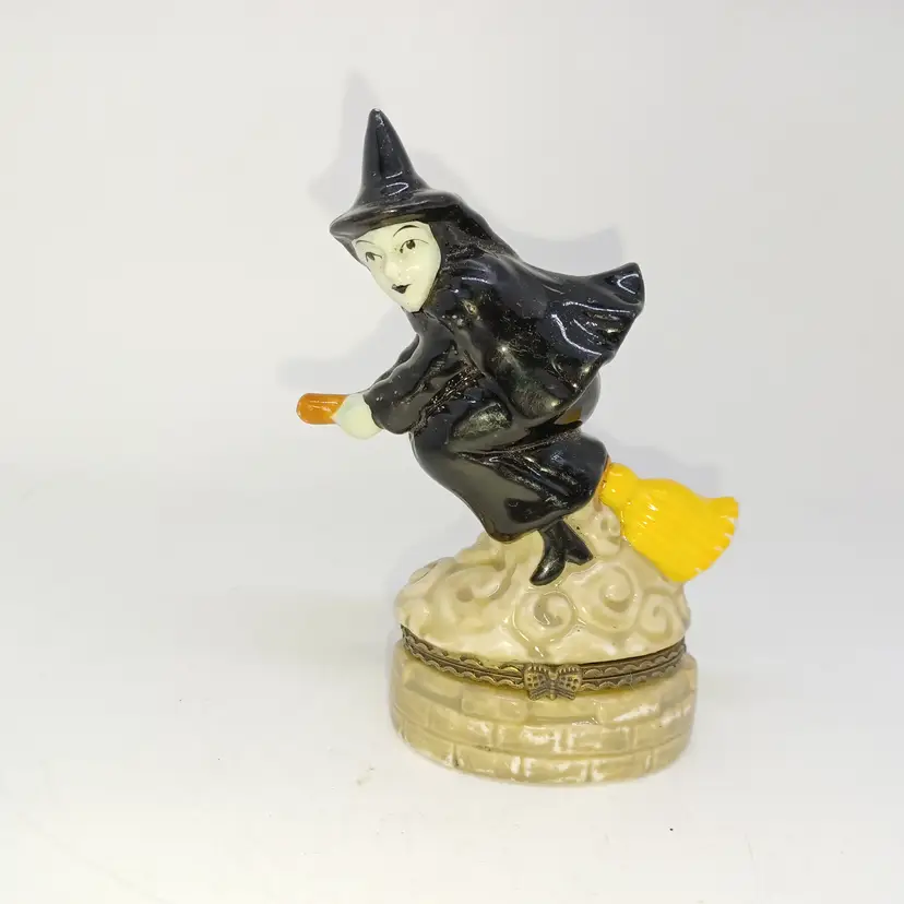 VTG Greenbrier Trinket Box Flying Witch Broomstick Halloween