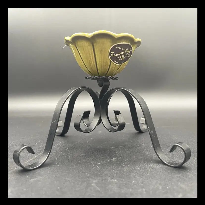 Vintage Treasure Craft Green Flower and Black Metal Scroll Candlestick with Sticker