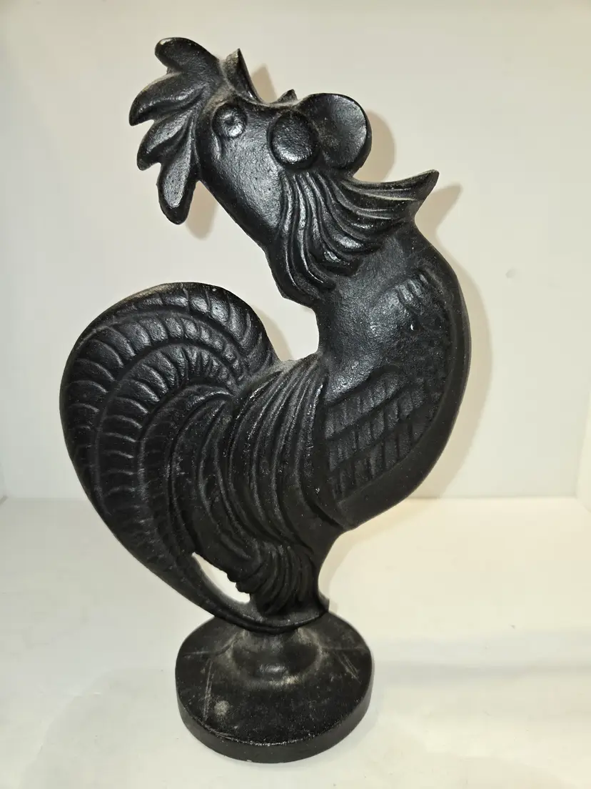 Vintage Black Cast Iron Metal Crowing Rooster  2 Sided 8" Country Decor